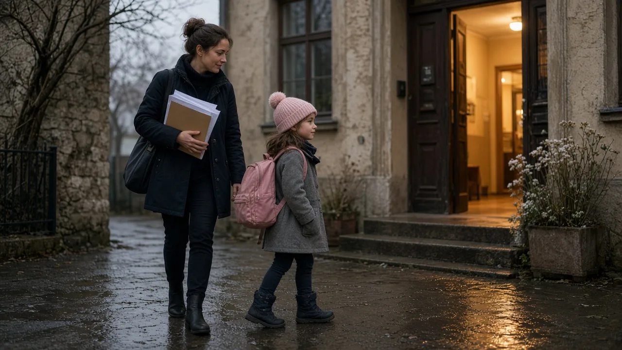 Rodič s dítětem u vchodu školy při zápisu do první třídy v lednovém ránu