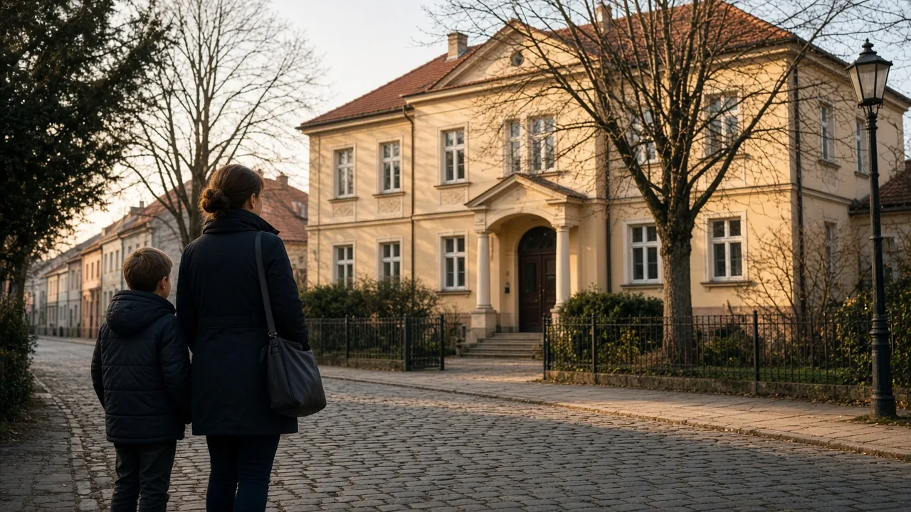 Rodič s dítětem stojí na ulici před budovou spádové základní školy v českém městě